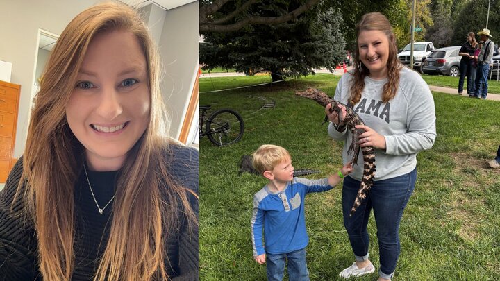 Victoria Grunden in her new office at NCTA and sharing a moment with her son and the Vet Tech department’s alligator. 
