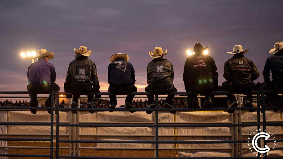 Rodeo team watching events on a fence at night. 