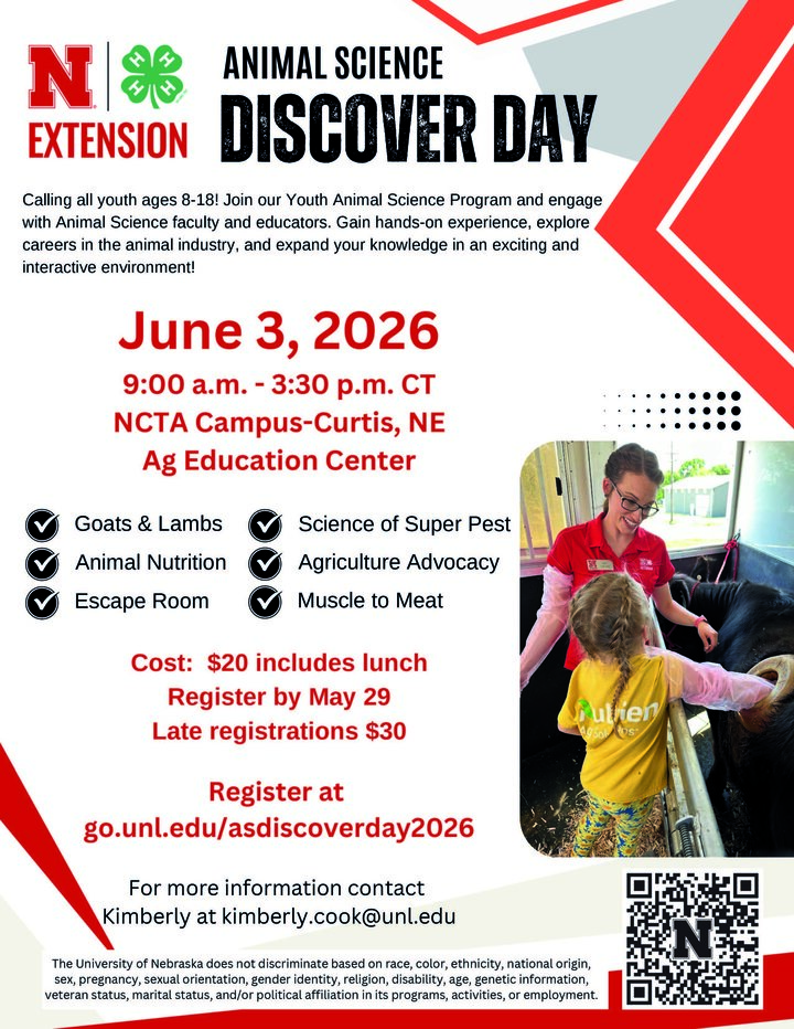 UNL Extension flyer for Animal Science Discover Day 2026, featuring activities and event details.