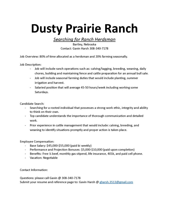 Dusty Prairie Ranch hiring flyer detailing a ranch herdsman job description and contact information.