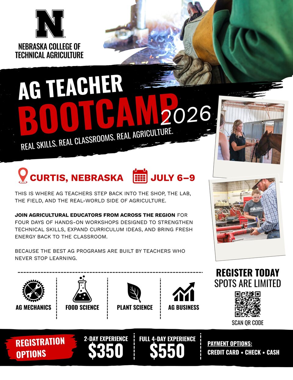 Ag Teacher Bootcamp flyer with event details, photos, pricing, and registration information.