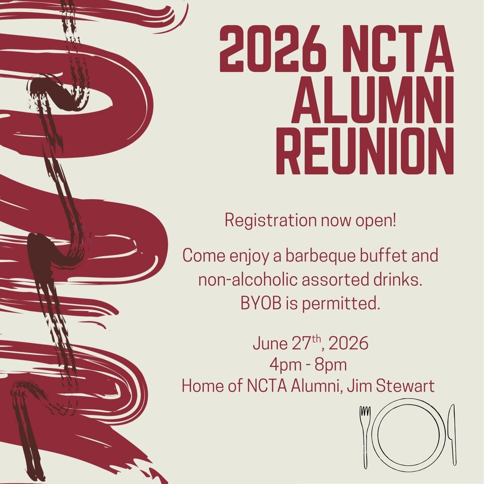 2026 NCTA Alumni Reunion announcement with red brush strokes and a plate illustration.