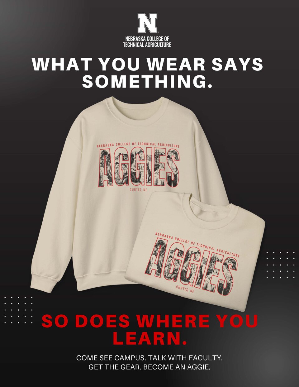 Sand Colored Sweatshirt on a black background that says the word Aggie