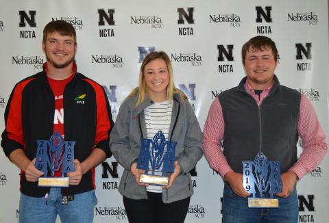 NCTA Aggies in top placings at the national contest are, from left, Kyle Krantz, Alliance, 1st in crops; Colbey Luebbe, Seward, 2nd in horticulture; and Seth Racicky, Mason City, 1st in dairy judging. (J. Kennicutt/NCTA News)