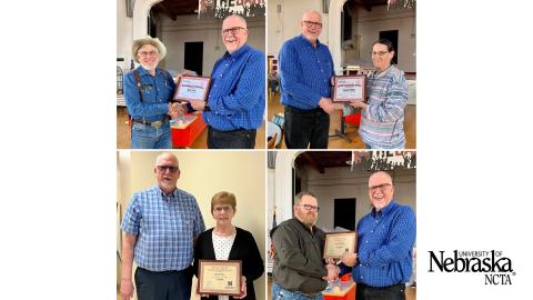 Dean Larry Gossen presented awards to faculty and staff members: (top L-R) Roy Cole, Sandi Wills, Jan Price, and Dr. Doug Smith.