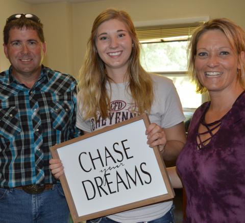 Kendra Marxsen, a sophomore studying veterinary technology, is joined by her parents, Byron and Danelle Marxsen of Schuyler, during freshman campus arrival in 2017.Kendra is chasing her dreams in 2018 as a student leader and competitor with her border collie, Tank, on the NCTA Stock Dog Team. (Mary Crawford / NCTA News)