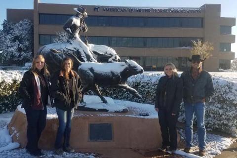 Four members of the NCTA Ranch Horse Team toured the headquarters of the American Quarter Horse Association in Amarillo last month. The Aggies host a riding clinic on Nov. 16-17. (RH Team photo)