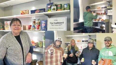 Associate professor Mary Rittenhouse (L) planted the seed for the Aggie Cupboard to support students with food and basic needs. Members of the AgBusiness Club (L-R) Heath Roberson, Rheanna Paul, Jasper Hunt, and Morel Jurado are among the many volunteers and donors to ensure its future.