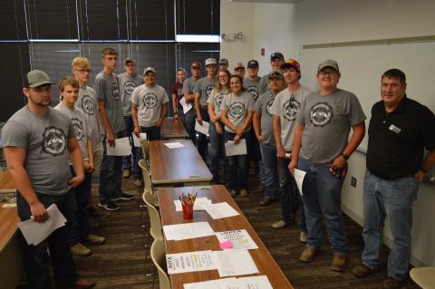 NCTA freshmen majoring in Diversified Agriculture (agronomy and livestock emphasis) gathered with Professor Brad Ramsdale, front right, at the start of fall semester. (Crawford / NCTA News)