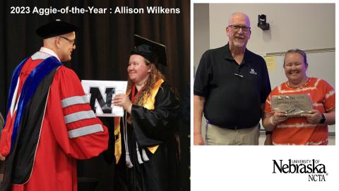 Allison Wilkens of Gibbon receives her diploma from Dr. Mike Boehm and Aggie of the Year award from Dr. Larry Gossen. 