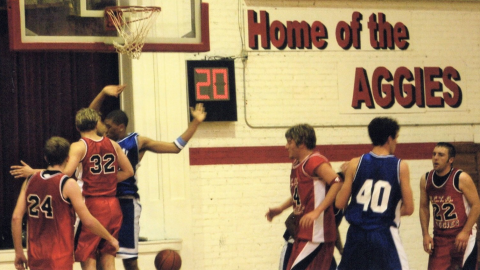 Aggies at the Nebraska College of Technical Agriculture play in the campus gym for a game in 2005. Curtis native B.J. Luke averaged 24.5 points per game that season, fifth highest average in Coach Del Van Der Werff’s 29-year career. (Photo courtesy of Vicky Luke)