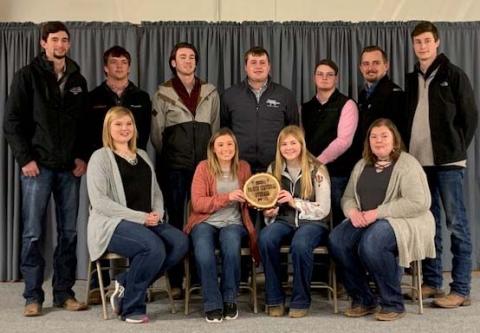 Nebraska College of Technical Agriculture livestock evaluators are:  (Standing, from left) Remy Mansour, Camden Wilke, Garrett Lapp, Seth Racicky, Peyton McCord, Grant Romshek, and Will Moeller. (Seated, from left) Maisie Kennicutt, Colbey Luebbe, Emily Riley, and Rachel Miller. (Dean Fleer/NCTA Photo)   