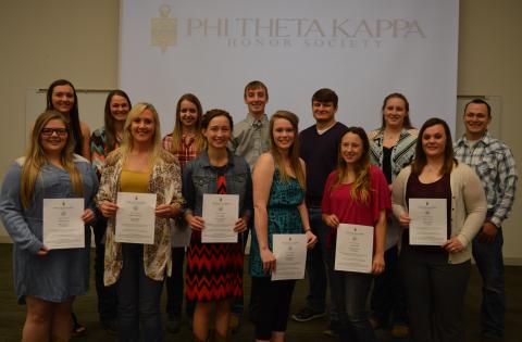 Inductees of Phi Theta Kappa at the Nebraska College of Technical Agriculture, Curtis at a ceremony on Wednesday, included front, from left: Karlee Johnson, Jessica Schumacher, Emily Bauer, Hannah Hale, Cassie Bratton, and Bailey Hinrichs. Back row, from left, Jentrie Maurer, Kourtney Monheiser, Sheila Reichmuth, Wade Vallery, Dalon Koubek, Courtney Leach, and Kristian Seberger. (Crawford/NCTA Photo)