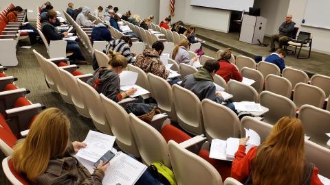 NCTA students take a final exam in an agribusiness class taught by Dave Jibben. (Crawford/NCTA News)