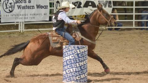 NCTA Aggie rodeo starts Sept. 9-10 in River Falls, Wisconsin with six athletes traveling. Ellie Stohlmann runs barrels at the Buffalo Bill Arena last year. NCTA returns to North Platte on Sept. 16-17. (George Hipple Photography / NCTA Photo)