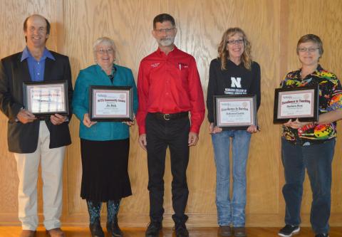 NCTA award recipients, from left, Community Service honorees Warren and Jo Bek, Dean Ron Rosati, Excellence in Service to Becky Currie, and Excellence in Teaching to Barb Berg. (Hauptman/NCTA Photo)