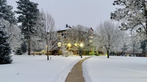 Dean Larry Gossen shares holiday greetings from the Nebraska College of Technical Agriculture. He captured Ag Hall all aglow in a wintry walk early in 2021. (Photo by L. Gossen / NCTA) 