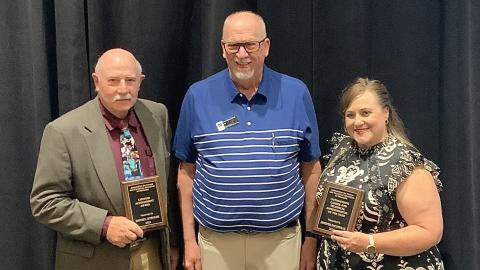 (L-R) NCTA instructor Dan Stehlik, Dean Larry Gossen, and Associate Dean Jennifer McConville at the Nebraska Career Education Conference Awards luncheon in Kearney on June 4, 2024. Mr. Stehik received the ACTEN Lifetime Achievement Award, and Dr. McConville was named Administrator of the Year.