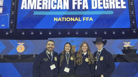 NCTA students receiving their American Degree at the 96th National FFA Convention in Indianapolis (L-R): Morel Jurado of Imperial, Kia Brown of Utica, Jozlyn Anderson of Plainview, and Wyatt Deemer of Tekamah. 