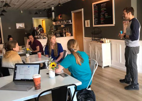 Jaden Clark, owner of Cowboys, Corgis and Coffee, shares entrepreneurship advice with Sales Communications students from the Nebraska College of Technical Agriculture. (Mary Rittenhouse photo)