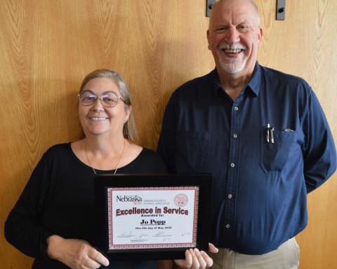The Nebraska College of Technical Agriculture recognized Jo Popp with the 2022 Excellence in Service award presented by NCTA Dean Larry Gossen. Jo has worked with Aggie Dining and Food Services for nine years. (Crawford / NCTA Photo)