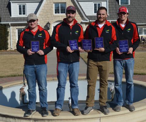 The Nebraska College of Technical Agriculture won first place at the Kansas State University crops judging contest on March 9th.  The top four individuals in the 2-year college division were, from left, Dalon Koubek, North Platte, 2nd; Will Kusant, Comstock, 4th; Nate Montanez, Grand Island, 3rd; and Lee Jespersen, Hemingford, 1st. (Brent Thomas/NCTA News Photo)