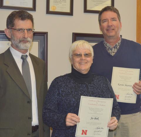 Dean Ron Rosati with Jo Bek and Kevin Martin who received certificates from the University of Nebraska Parents Association. (Photo by C. Hauptman/NCTA)