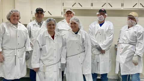 Agricultural educators in a meats science session at the Nebraska College of Technical Agriculture Boot Camp were, from left:  Montana Markus, Sidney; Chad Schimmels, instructor, Eustis-Farnam; Melissa Bonifas, Blue Hill;   Ed Schuman, Almena, Kansas; Kelsey Philips, Mullen; Shawn McKimmey, Gordon-Rushville; and Dr. Doug Smith, Curtis. (Photo by Rulon Taylor / NCTA)