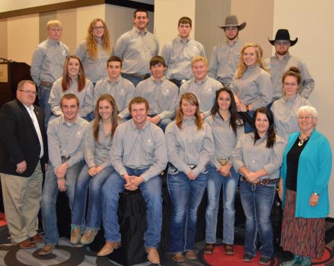 Nebraska College of Technical Agriculture animal science students and NCTA Collegiate Cattlemen attended the Nebraska Cattlemen convention with professors, Dr. Doug Smith (left) and Terri Jo Bek (right). The NC Foundation recognized the college and awarded industry awards to Smith and Bek. (Crawford/NCTA News Photo)