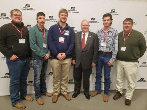 NCTA Aggie students met Farm Bureau president Steve Nelson of Axtell (third from right) on Monday. Attendees from NCTA were, from left, Jacob Jenkins, Gilberto Herrera, Clade Anderson, Tucker Hodsden and Dr. Brad Ramsdale. (Farm Bureau photo)