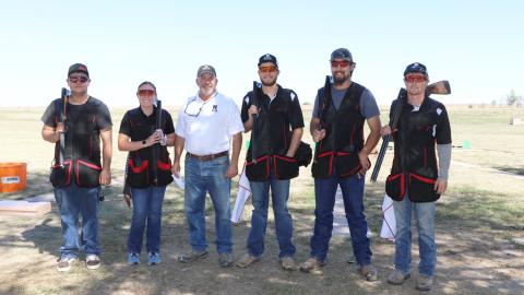 The Aggie Shotgun Sports Team is one of four traveling teams competing this weekend. Coach Alan Taylor, center, takes the team to Brainard. (Courtesy photo)