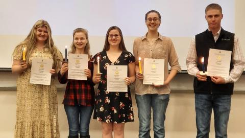 Five of the eight inductees to Phi Theta Kappa academic honorary at the Nebraska College of Technical Agriculture, are, from left, Aleena Wagner, Callie Landauer, Riley Brown, Larista Barner, and Ethan Baker. (Laura Romeo / NCTA Photo)