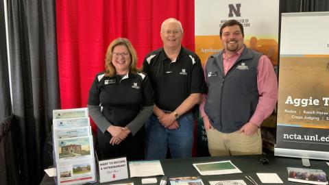 David Fulton (center) Aggie Alumni Association president, joins NCTA recruiters Andela and Rulon for an afternoon at the Nebraska Cattlemen's Classic. (NCTA News photo)