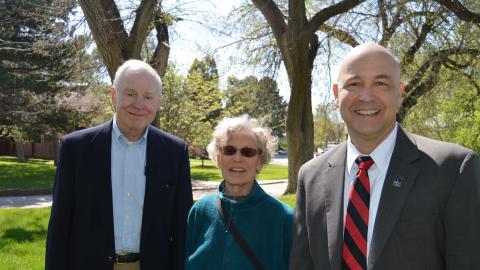 David and Sande Scholz, then of Salida, Colo., attended graduation at the Nebraska College of Technical Agriculture in 2017. They greeted NU Vice President Mike Boehm at Ag Hall. Sande's vision was to give her family ranch to NCTA's educational mission. (Mary Crawford / NCTA News photo)