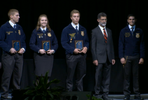 Quentin Anderson, first place; Chantelle Schulz, third; Michael Anderson, second; join NCTA Dean Ron Rosati and State Vice President Manuel Acosta, for the FFA Equine Science Placement award ceremony in Lincoln. (FFA Foundation Photo)