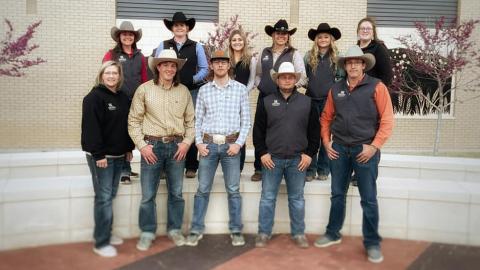 Ranch Horse Team members from the Nebraska College of Technical Agriculture traveled to Amarillo, Texas for the national collegiate stock horse championships competing among 11 teams. Coach Jo Hergenreder, front right, with Conner Crumbliss, Ayden Long, Brook Bradford, and Cauy Bennett. Back row, Macy Zentner, Devry Bellomy, Alexis Digrigoli, Annie Bassett, Addison Villwok and Jessica Burghardt. (NCTA RH Team photo)