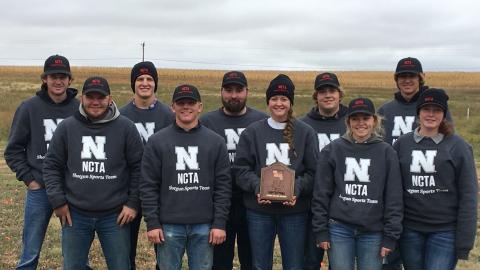 NCTA Aggie Shooters comprising the First Place Team in junior colleges at the Prairie Circuit Classic are, left to right, Tucker Bartlett, Gothenburg; David Jelken, Juanita;  Johnathan Lauer, Gothenburg; Jarrod Tuttle, Eltopia, Washington; Shawn Barger, Wahoo; Angela Crouse, Haigler; Trevor Kuhn, Omaha; Kaylee Rasmussen, Burwell; Korbin Moore, Gothenburg; and Kaylee Hostler, Central City. (Taylor/NCTA photo)