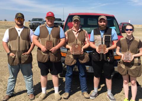 NCTA Aggie Shooting Sports team won third place overall team on Saturday in a match at Salina, Kansas. From left, are Jon Hertz, Allen Matejka, Stetson Youel, Shawn Barger, and Rilee VanDonge. (Taylor/NCTA Photo)