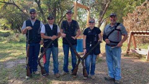 The NCTA Shotgun Sports Team will host athletes from nine states at North Platte Friday through Sunday. Recently, Aggies competing at Lincoln were (from left) Cooper Mazza, Kaden Bryant, Trey Barnhart, and Emily Miller, with Coach Alan Taylor. (NCTA photo)