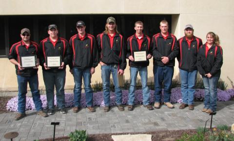Nebraska College of Technical Agriculture crops judging students won 2nd place at the Kansas State University contest last week.  Students are, from left, Dalton Johnson of Gering (with Team 2nd Place award), Aaron Jensen of Goehner (4th Place individual), Vincent Jones of Kirwin, Kansas, Kyle Krantz of Alliance, Nolan Breece of Holdrege (1st Place individual), John Paul Kain of McCook, Brent Thomas of Alliance, and Maggie Brunmeier of Bayard. (Ramsdale/NCTA Photo)