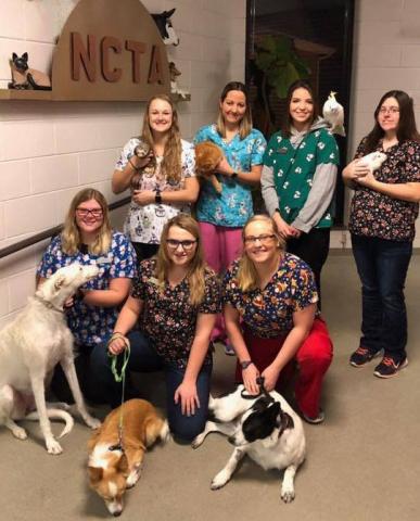 NCTA's Veterinary Technology Facilities Class and their companion animals gathered before the holidays. (NCTA VT photo)